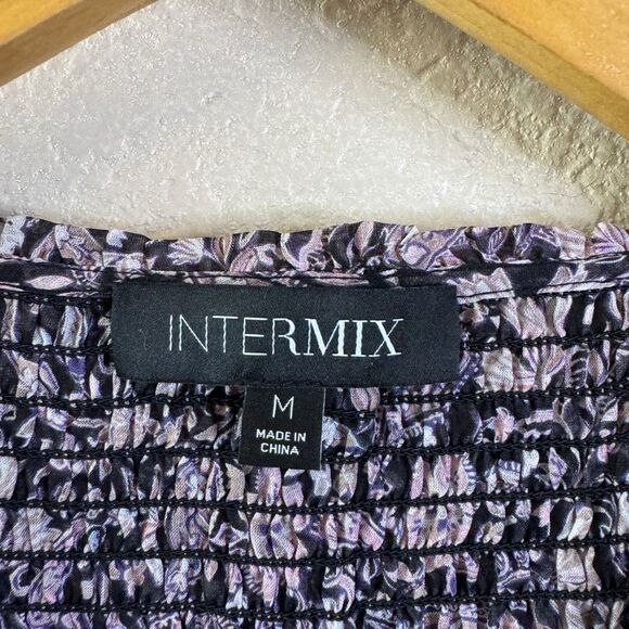 Intermix Silk Blouse Womens Size M Pink Black Floral Smocked Coquette Romantic - Picture 3 of 13